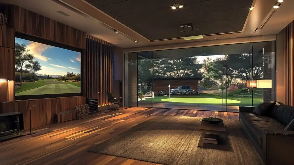 “Golf simulator room designed by Heritage Garden Studios for home use.”